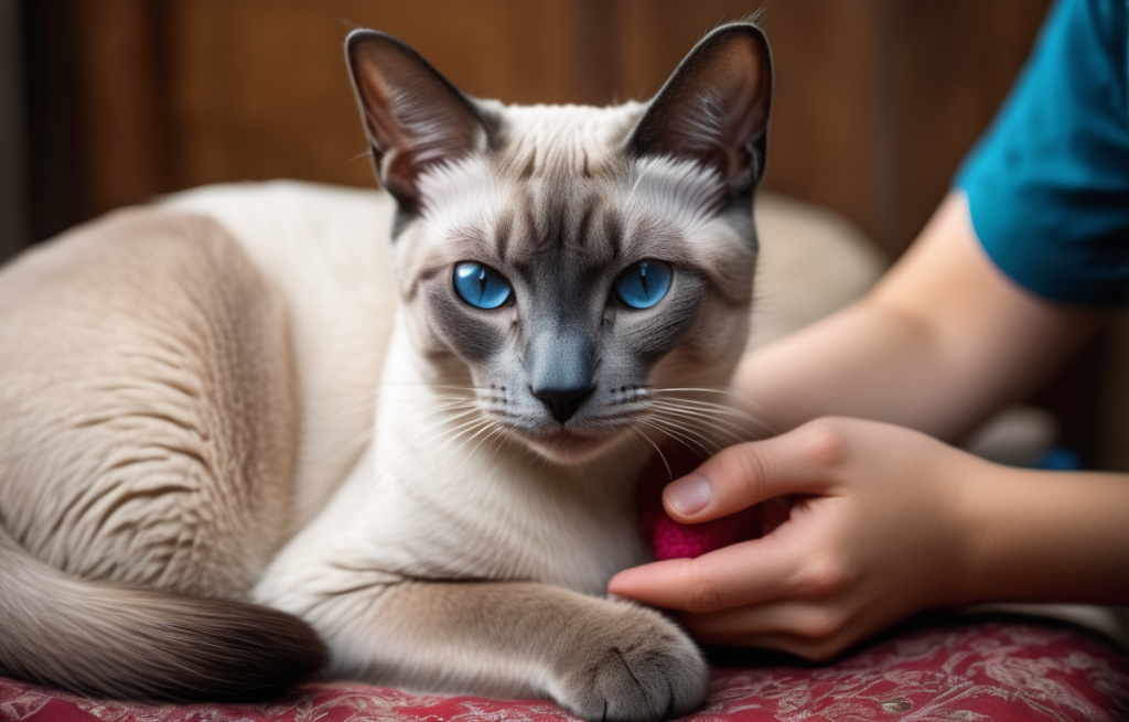 blue point siamese cat being cared for