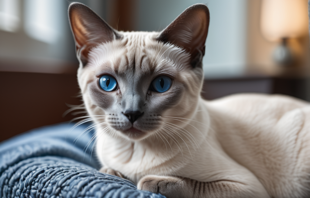 blue point siamese cat sitting on a cushion